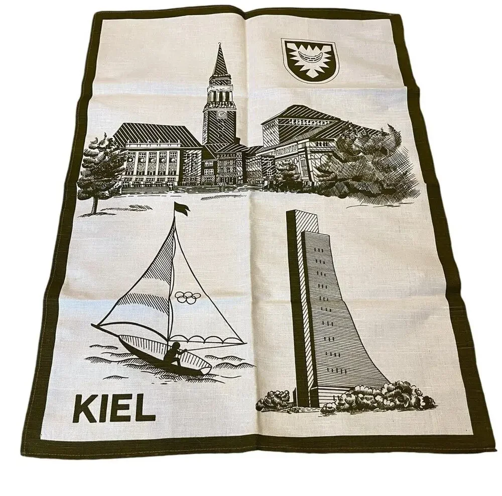VTG New Old Stock Linen Tea Towel KIEL Germany Sailboat Architecture Landmarks